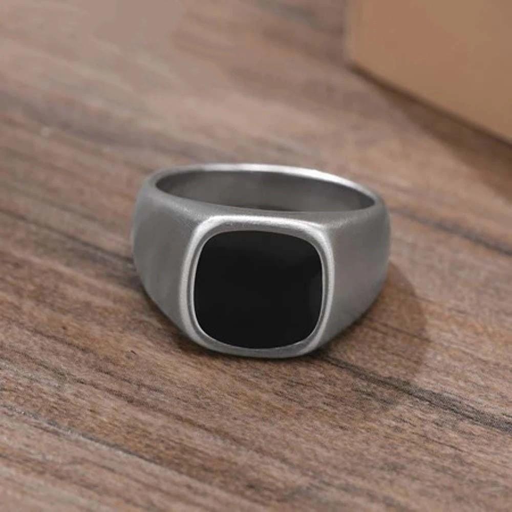 Silver Black Retro Black Rings Square Glass Stone Rings Black Stone Square Ring  Mourning