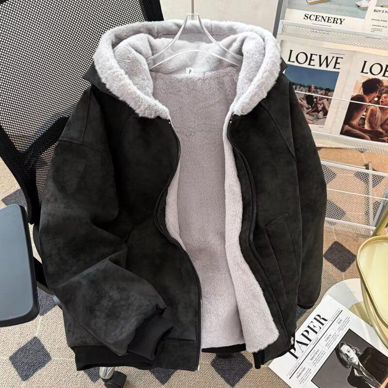 

Men s Winter Lychee PU Leather Hooded Jacket - Mountain Eagle Plaid, Plush, Plus Velvet, Thickened, Loose Fit, Trendy Outerwear M чорний