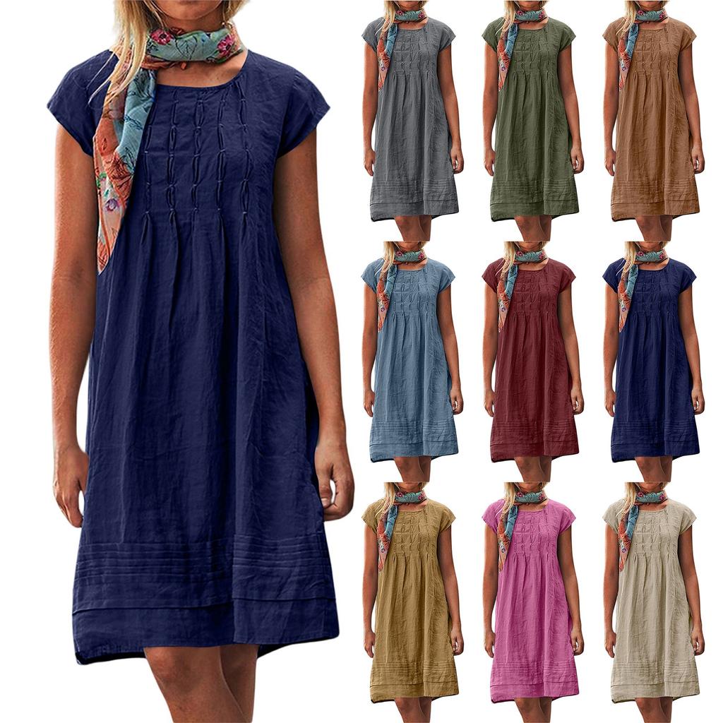 Women's Casual Loose O Neck Short Sleeve Wrinkles Elegant Linen Swing Dresses