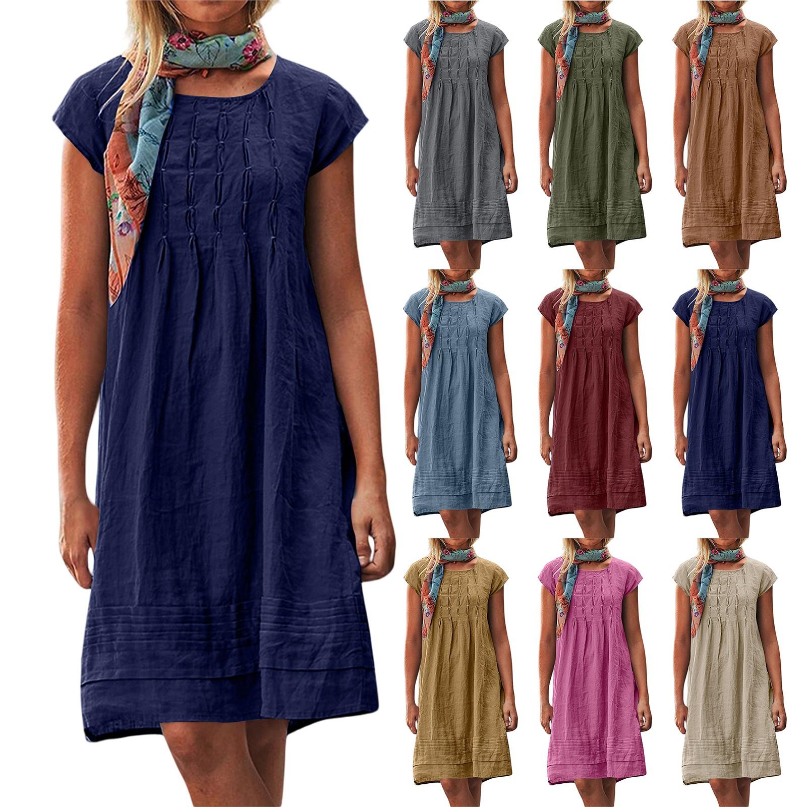 

Women s Casual Loose O Neck Short Sleeve Wrinkles Elegant Linen Swing Dresses S синій