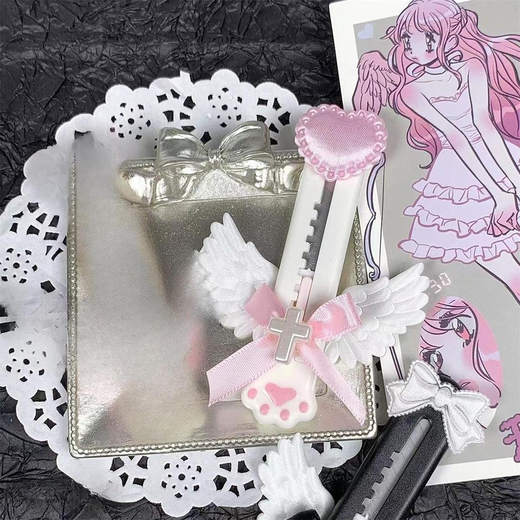 Ins Kawaii Dreamy Ballet Style Cat Paw Utility Knife Cute Girl Bow Wings Decoration Paper Cutter Mini Express Envelope Opener