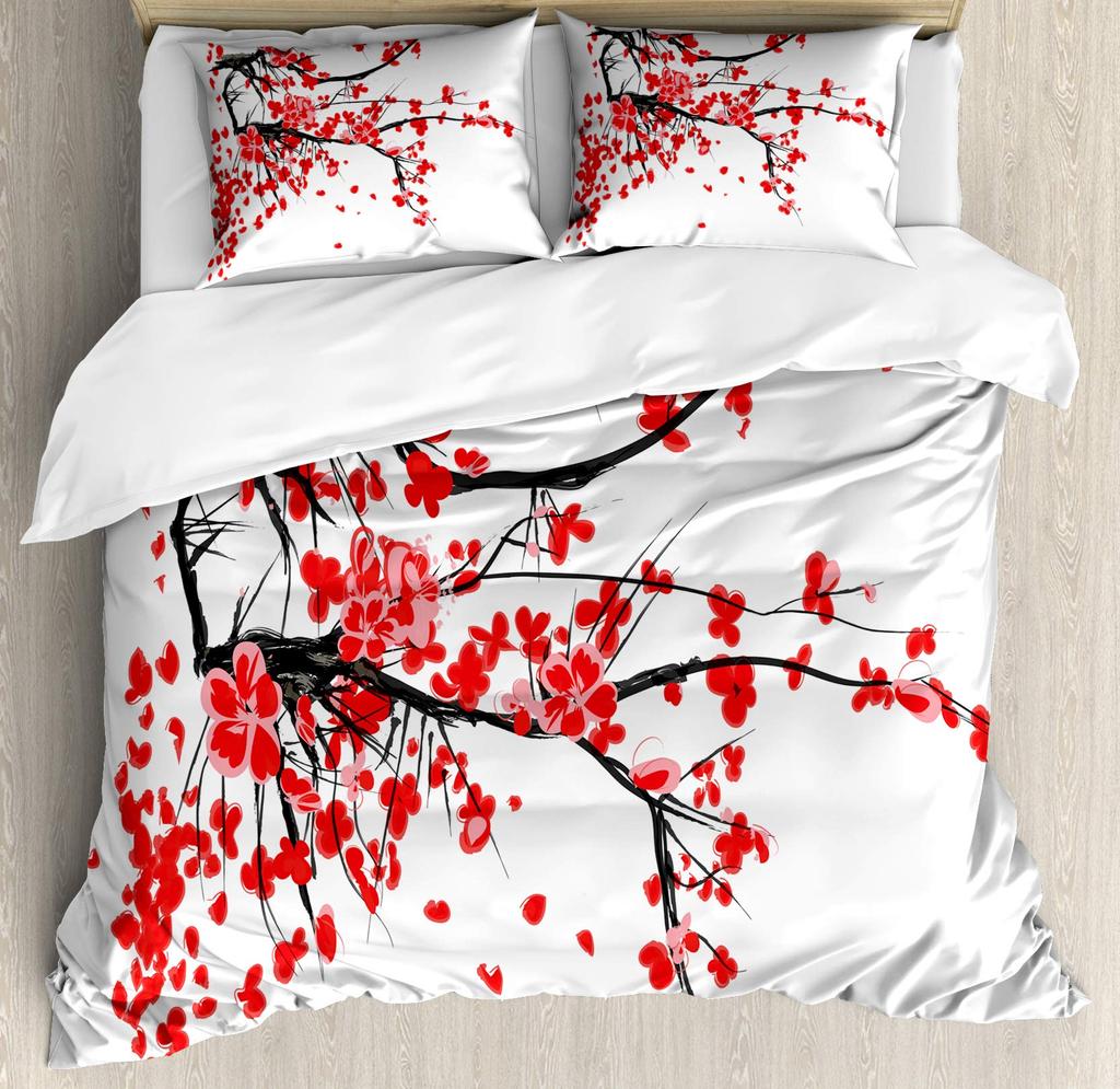 Cherry Blossoms Duvet Cover King/Queen Size,Japanese Sakura Tree Pink Floral Spring Vintage Cultural Bedding Set for Women Girls
