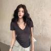 Factory In-Stock Pure Desire Summer Spicy Girl Style Thin Semi-Transparent Sexy V-Neck T-Shirt Women's Clavicle Short-Sleeve Top