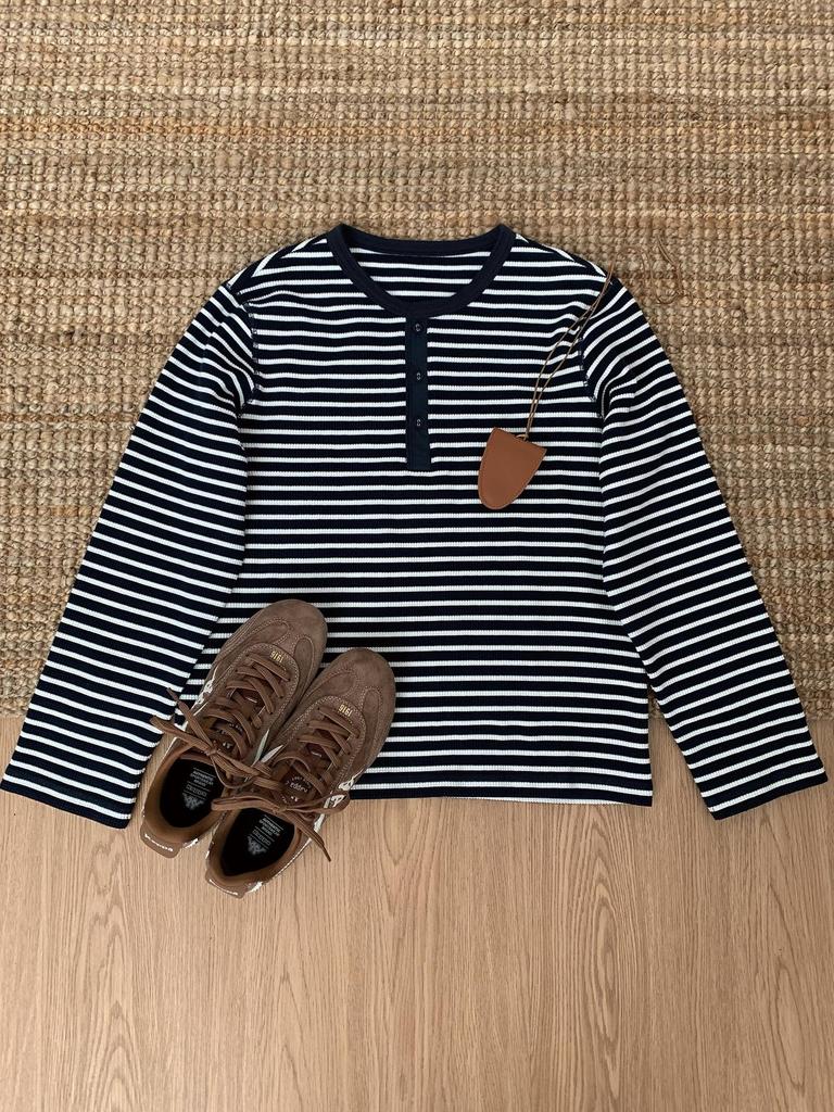 Blue & White Striped Waffle Knit Crew Neck Long Sleeve T-Shirt - Breathable & Comfortable Casual Top