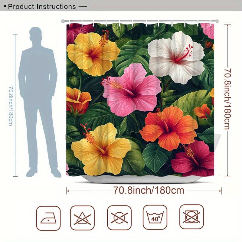 1pc Tropical Hibiscus Shower Curtain - Lush Green Leaves & Colorful Flowers, Polyester, 70.8x70.8", 12 Hooks, Easy Care