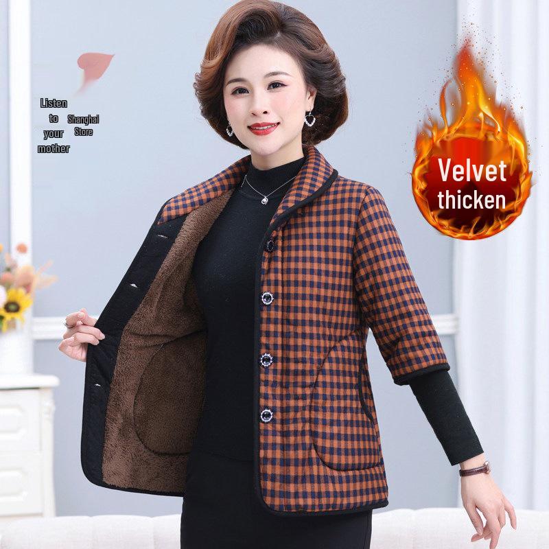 

Mid-Aged & Elderly Women s Fleece-Lined Cotton Jacket with Lapel, Thickened for Winter, 3/4 Sleeve Coat 3XL