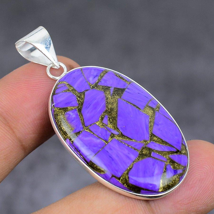 Natural Copper Charoite Gemstone 925 Sterling Silver Jewelry Pendant 1.85" I8f47