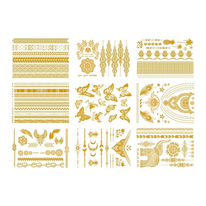 9 Blatt Premium Goldfolie Temporäre Tattoos für Partys und Events mit metallischen Designs und einfacher Anwendung