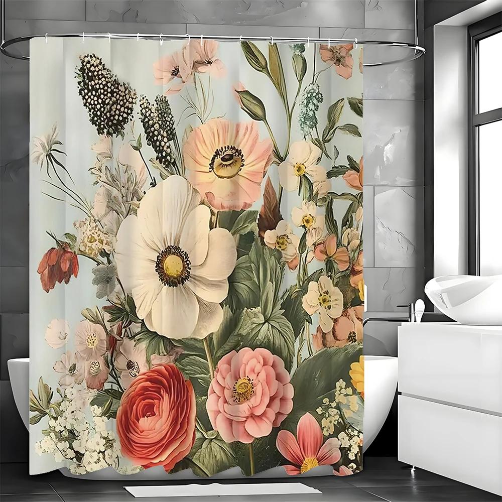 Floral Shower Curtain, Bathroom Decorative Shower Curtain, Waterproof Shower Curtain with Hooks