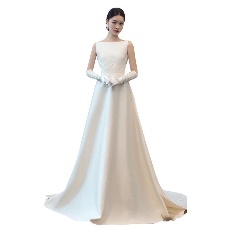 French Light Wedding Dress Bridal Simple Temperament Satin Retro Welcome White Dress Dress Small Trailing Out Dress