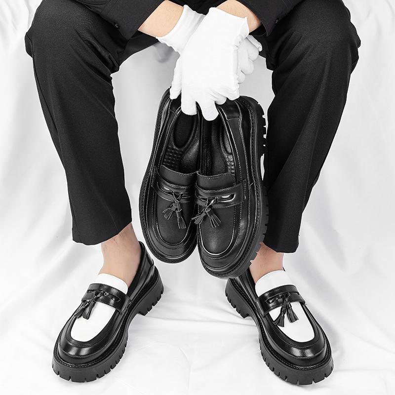 2026 Function Men's Platform Loafers - Black White Tassel Casual Shoes with 3-5CM Height Increase Sole for Business & Daily Wear