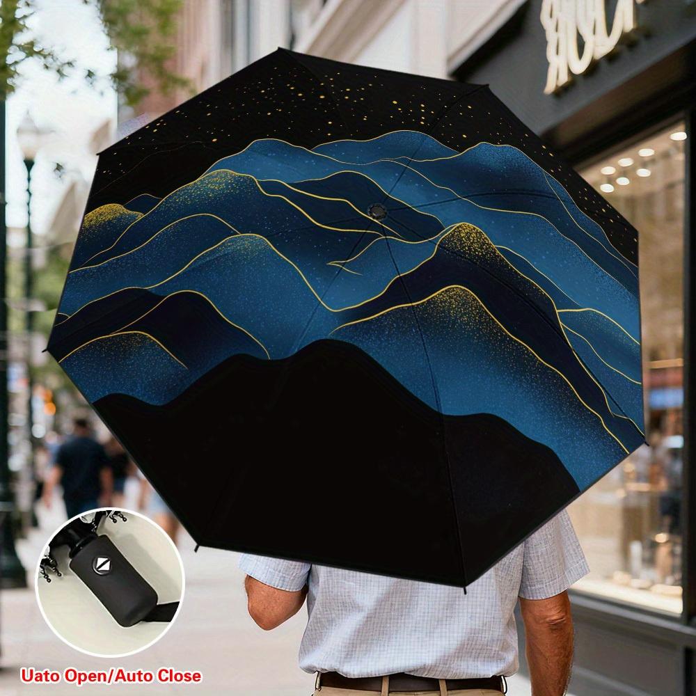 

1pc Automatic Folding Umbrella with Blue Mountains & Stars Design - -Resistant, Thickened Reinforced Frame, Lightweight & Comp (as the picture,Iron&8K)