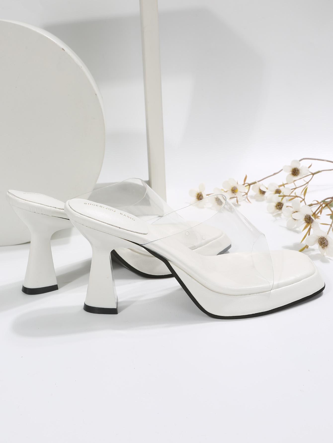 

2025 foreign trade large size women s shoes European and American high heel one-character fashion slippers summer thin heel transparent cool slippers 42 білий