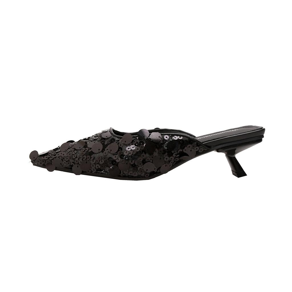 Pointed high heels women's summer sequins pointed stiletto one pedal bag head half slippers