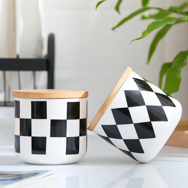 Black and White Checkered Ceramic Storage Tank, Sealed Tank, Suitable for Coffee, Nuts, Tea Boxes, Kitchen Storage Containers