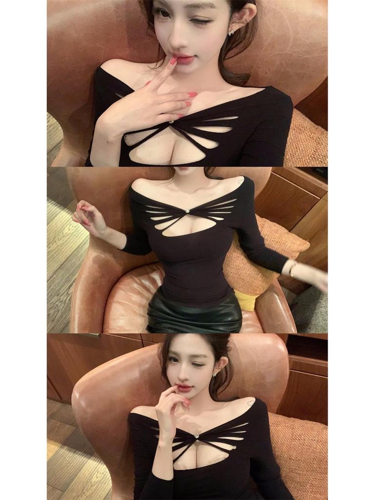 Women's Spicy Off-Shoulder Hollow Out Long Sleeve Top, Slim Fit, Waist-Cinching, Black Base Layer for Spring.
