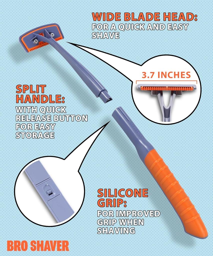BroShaver 3.0, DIY Back & Body Hair Trimmer - Wet or Dry Shave for Men. Split Handle Razor with Ergonomic Grip