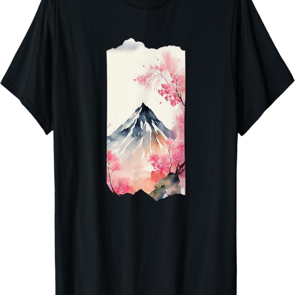 Mount Fuji Cherry Blossoms Japan Watercolor T-Shirt(1)