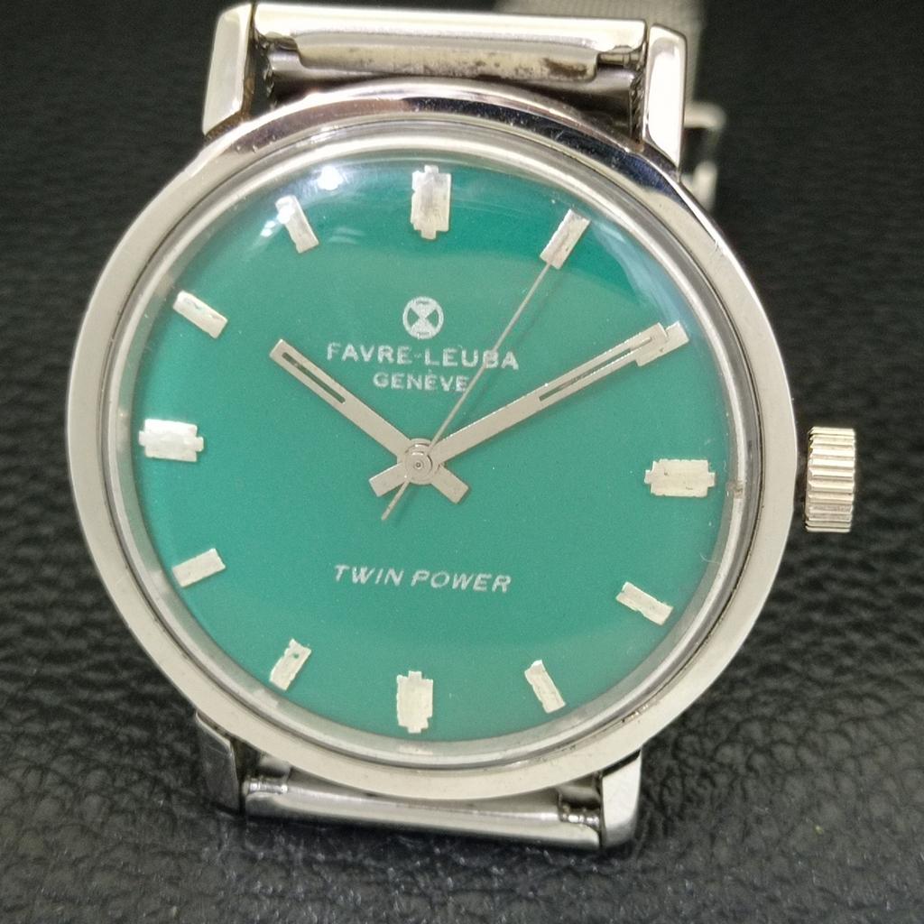 HAND-WINDING VINTAGE FAVRE LEUBA 253 TWIN POWER SWISS MENS GREEN WATCH A702049-5 R208-a702049