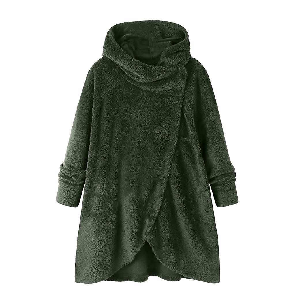 Women Fashion Button Plush Tops Hooded Loose Cardigan Wool Coat Winter Jacket