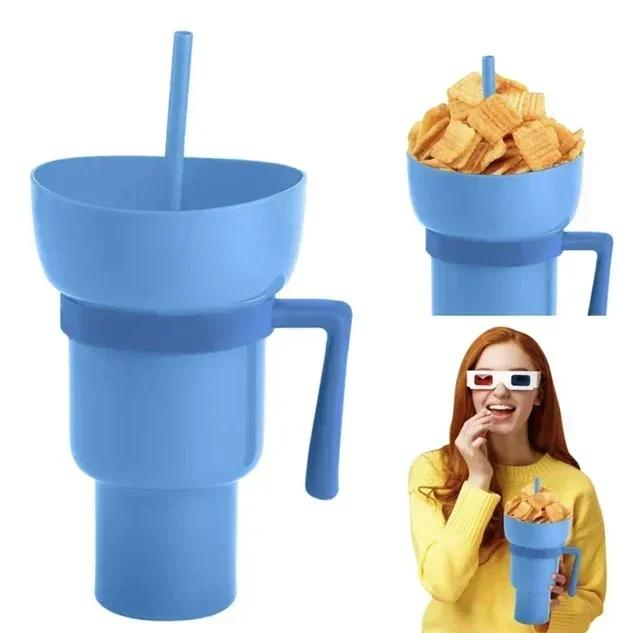 2In1 Snack Bowl Drink Cup with Straw Stadium Tumbler Water Bottle Straw Splash Proof Leakproof Portable Adults Kids Cinema Trip