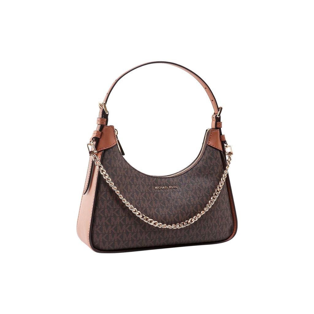 Michael Kors Color Block Chain Zipper Closure Cotton Leather Tote Shoulder Bag Women Bags Brown 32R3G3WN6B-252