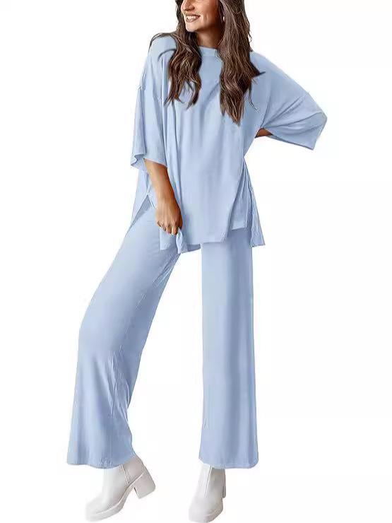 

2025 New Style Fashion Casual Women s Set: Round Neck Top & Loose Wide-Leg Pants XL светло-синий