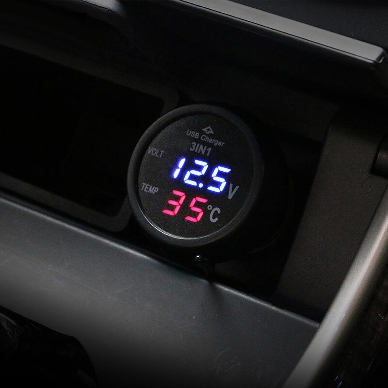 Car Cigarette Lighter Socket Car Voltmeter 3-in-1 12-24V Voltmeter Thermometer USB Car Charger for Car Truck