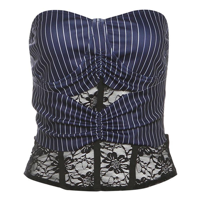 

# Sisjuly# Gao Zhi Art Student Retro Contrast Color Stripe Lace Hook Flower Patchwork Perspective Fishbone Tube Top Women Blue L