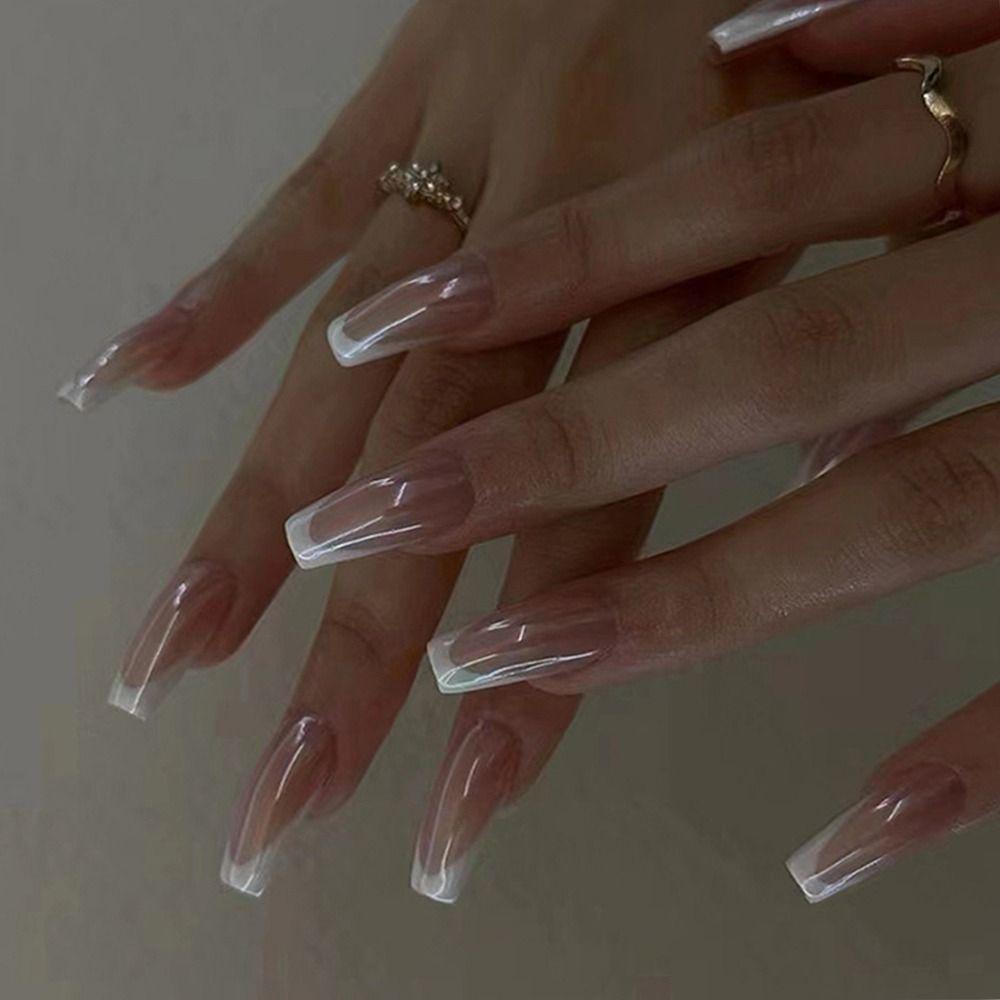 

White Edge False Nails Long Ballerina Press on Nails Fashion Nail Tips Women Girls