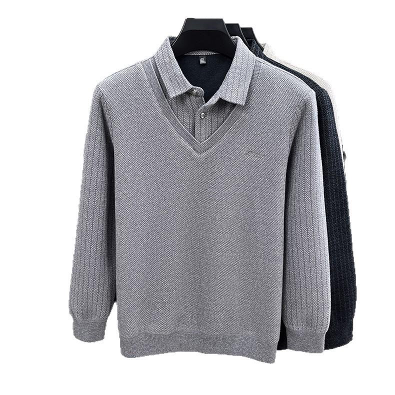 Men's Thickened Velvet Lapel Sweater for Autumn/Winter - Middle-Aged and Elderly Dad Style