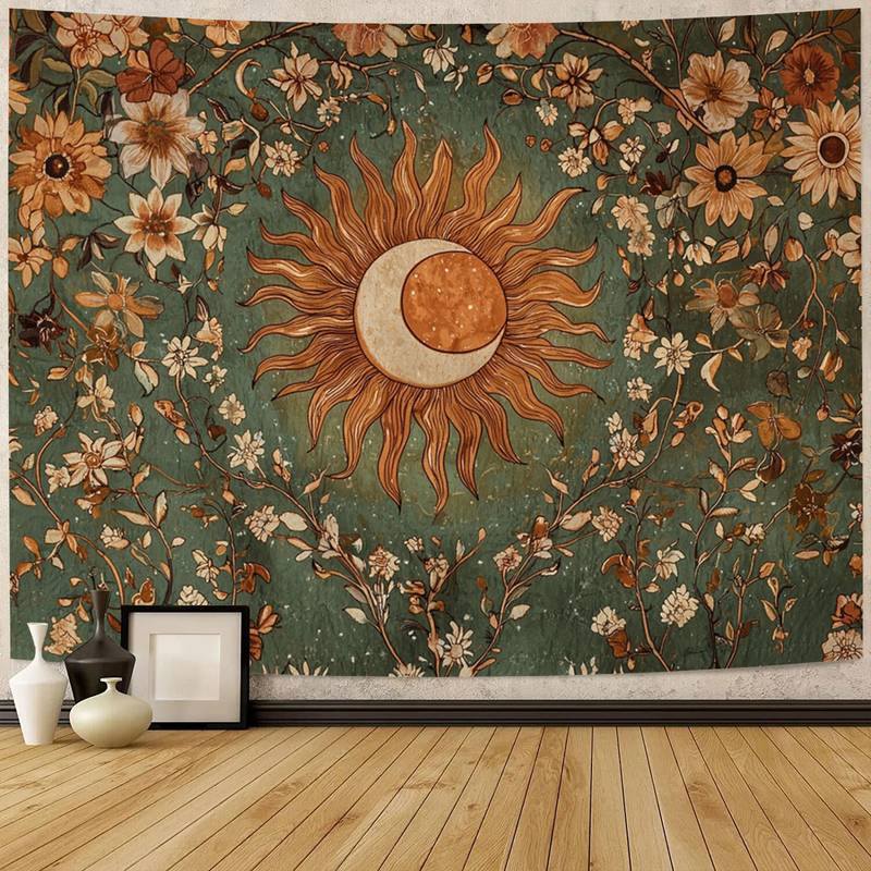 Vintage Sun-Moon & Floral Tapestry - Boho Occult Art Wall Hanging for Home Decor