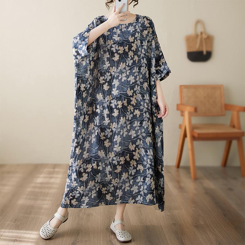

DIMANAF New 2025 Summer Dress Women Floral Vintage Casual O-Neck Plus Size Dress Loose Dress Maxi One Size темно-синий