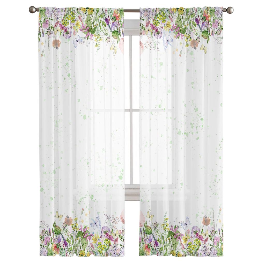Frühlingsblumen Chrysantheme Voile Transparente Vorhänge für Wohnzimmerfenster Chiffon Tüll Vorhang Küche Schlafzimmer Drapierungen Heimdekor