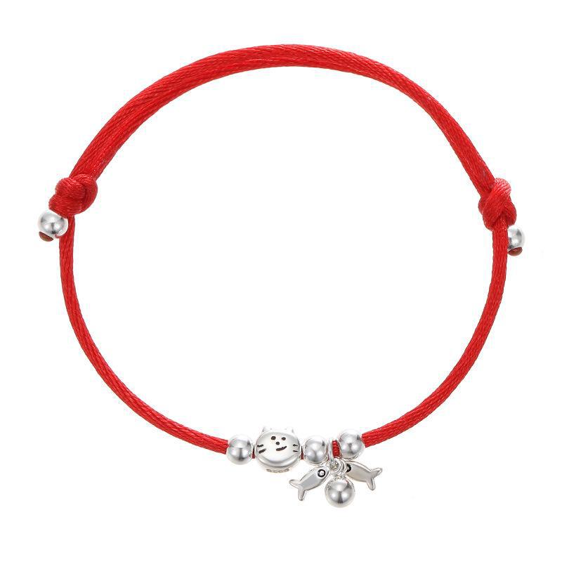 Banyan Tree S925 Silver Lucky Cat & Fish Bracelet - Women's Zodiac Red Rope Jewelry Gift