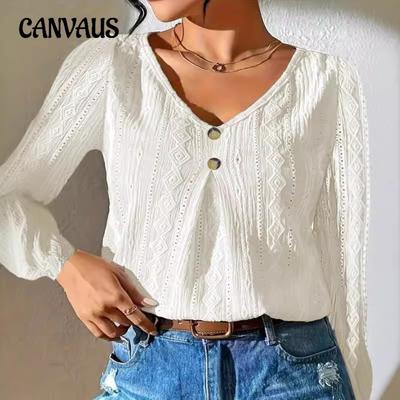 Autumn Women's Solid Colour Casual Fashion Hollow Out V-Neck Shirt Top
