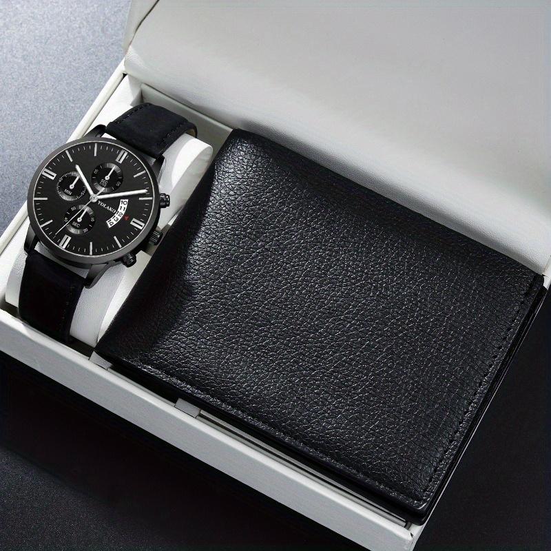 

Комплект из 2 предметов, мужские модные часы, мужские новые роскошные кожаные кварцевые часы с календарем и черный кожаный кошелек, мужские подарки, лучший выбор