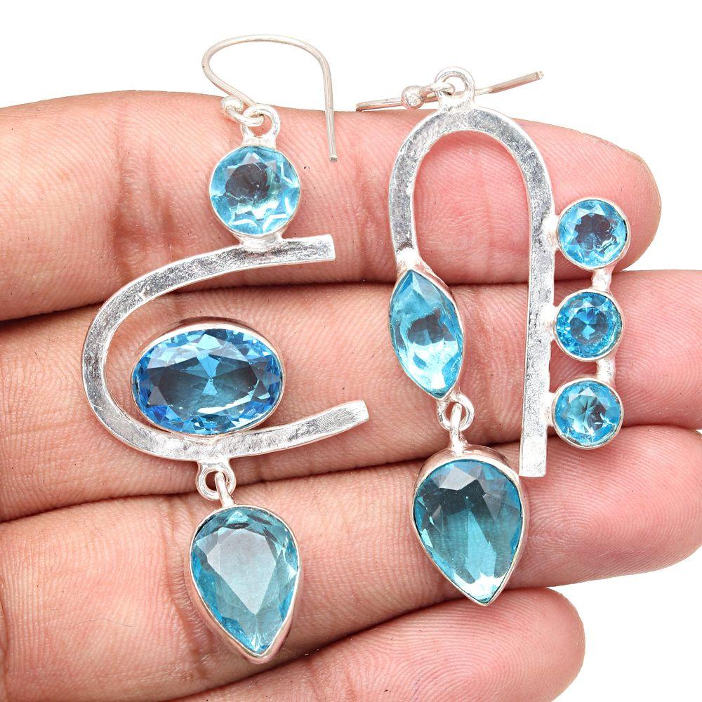 Schweizer Blauquarz Edelstein Geschenk für Sie Silber Schmuck Ohrringe 1,5''