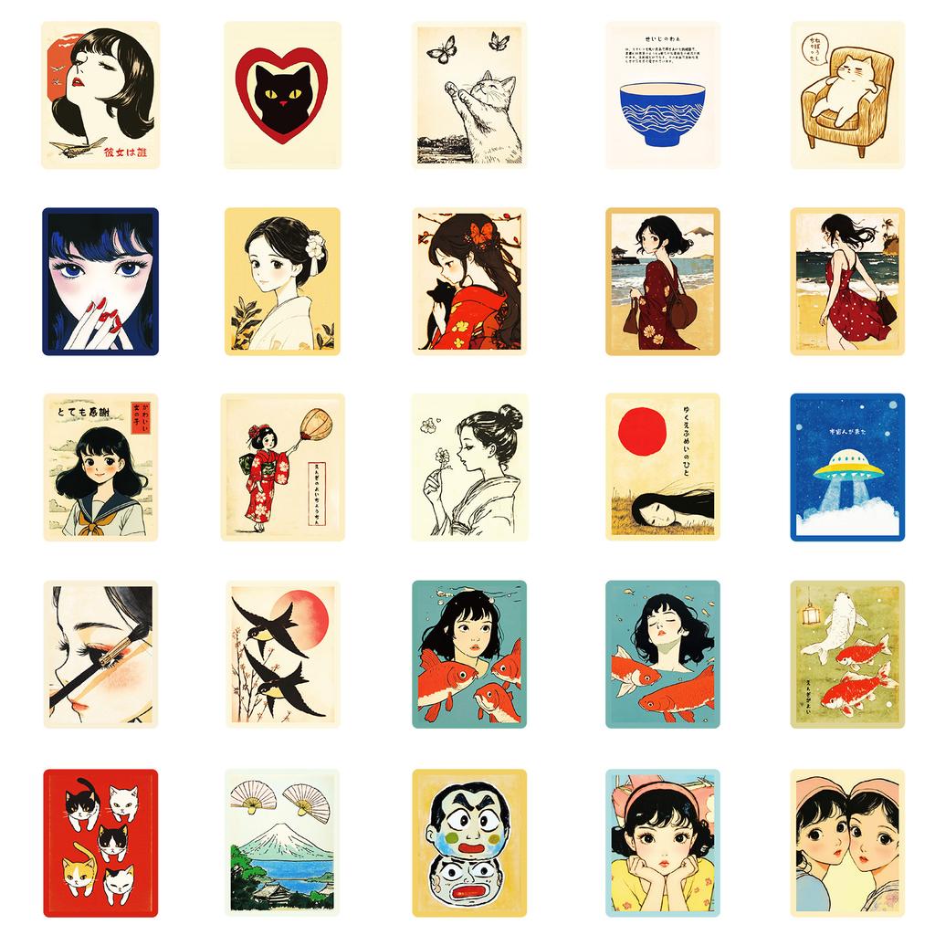 50 Stück Japanische Retro Mädchen Cartoon Aufkleber, Anime Abziehbilder für Journal, Wasserflasche & DIY Dekoration