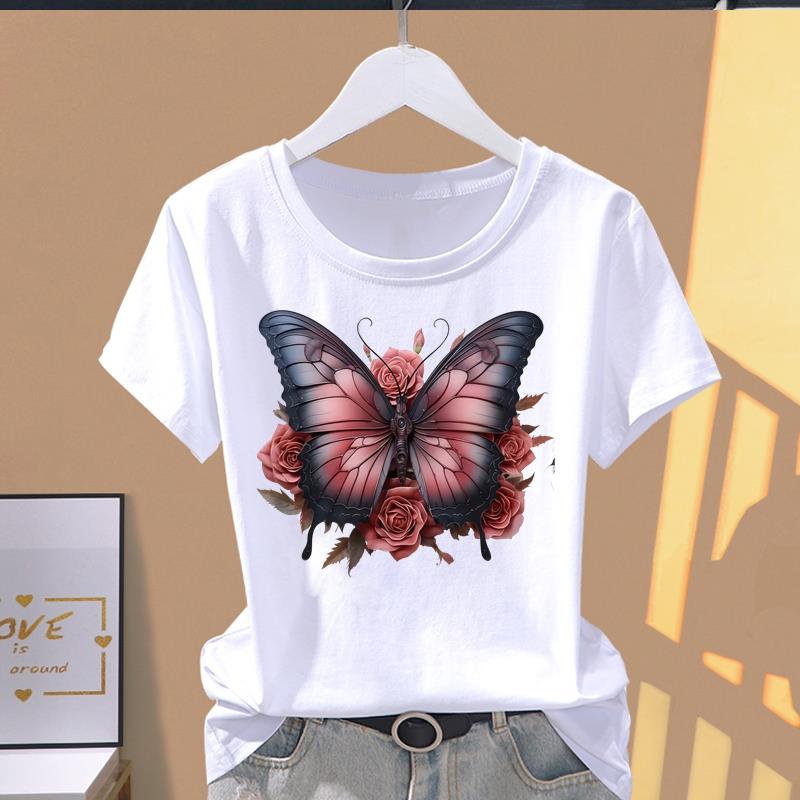 (Asian Size) lovely flower butterfly 90s Short Sleeve T-shirts Print O-neck Fashion Female Casual Women's Top T Clothing Graphic Tee