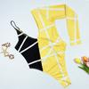 Sexy Women Single Sleeve One-piece Swimsuit Yellow Black Patchwork Bikin Irregular Oen Piece