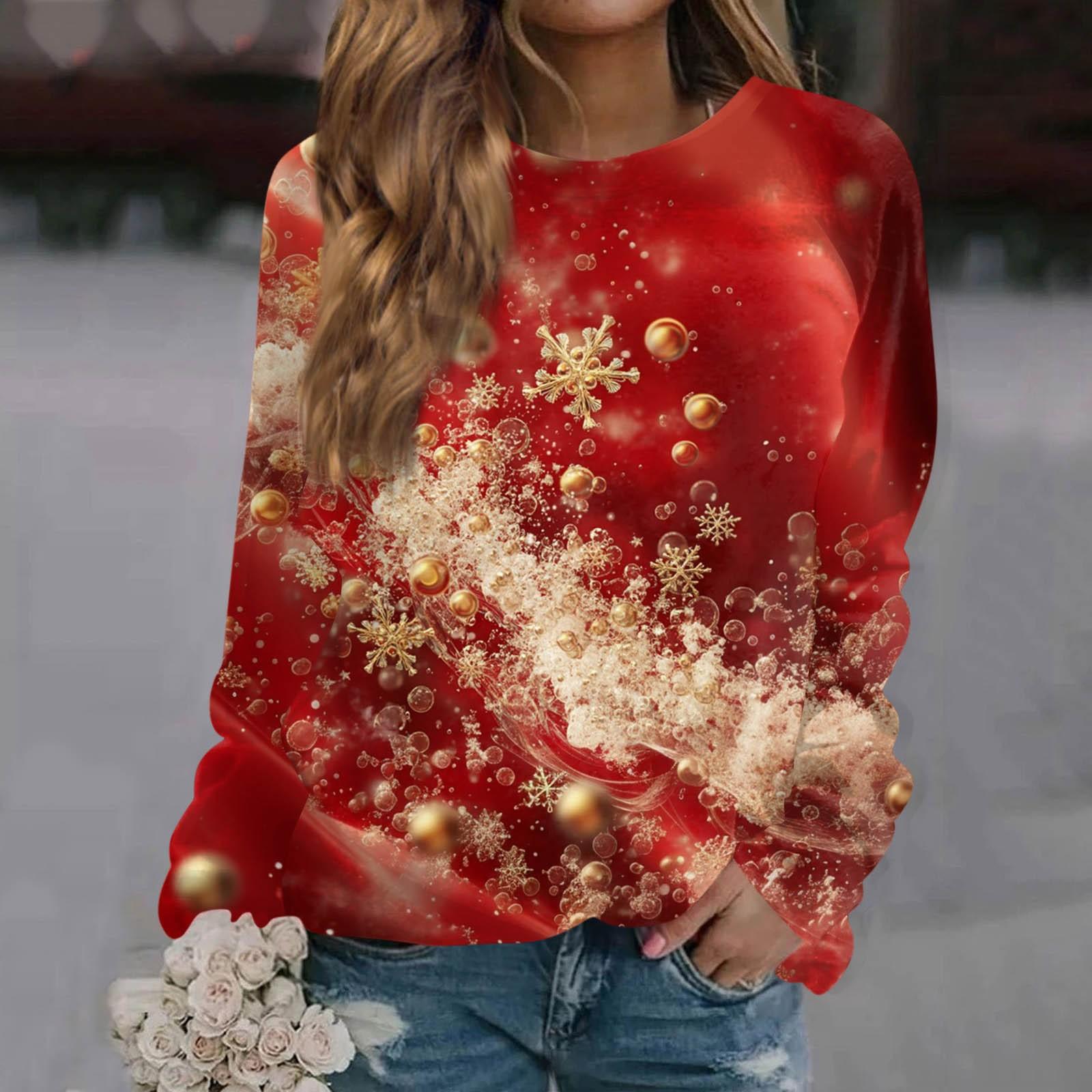 

Женская повседневная мода с рождественским принтом, длинный рукав, круглый вырез, пуловер, топ, блузка, свитшот XXXL винный