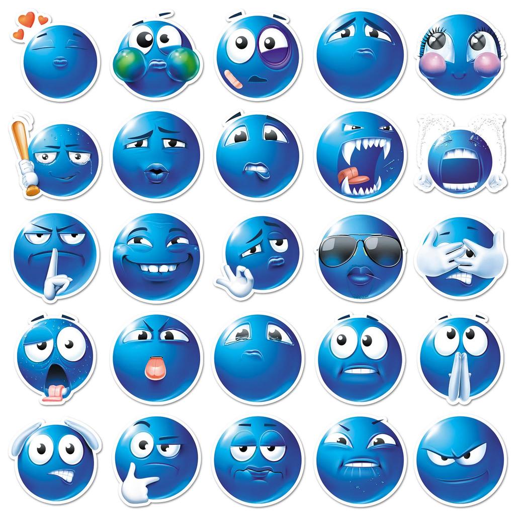 50 Small Blue Bean Emoji Sticker Sheets for Notebooks, Cars, Motorcycles, Water Cups, and Planners