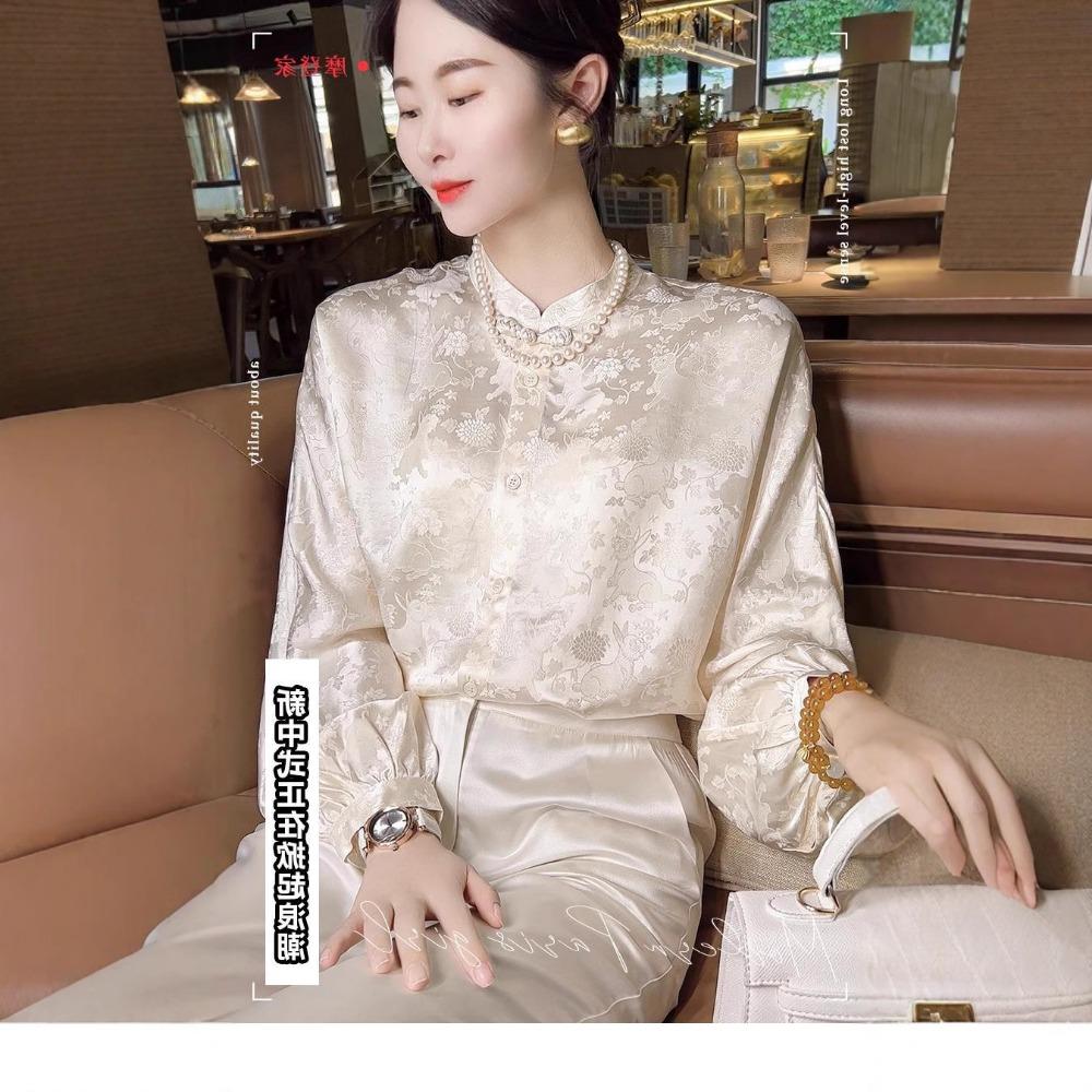 New Chinese Style Women's Short Top with  Spring High-end Feel Jacquard Long Sleeved Stand Up Collar and Elegant Shirt