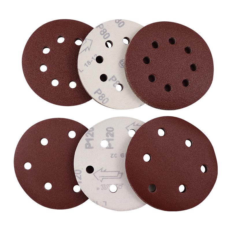 Red Sand Flocking 5-Inch Self-Adhesive Sandpaper Disc, 6 or 8 Holes, for Dry Grinding and Polishing