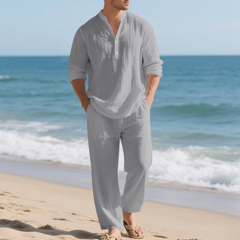 Men Loose Casual Breathable V Neck Long Sleeve Henley Shirt And Long Pants Set