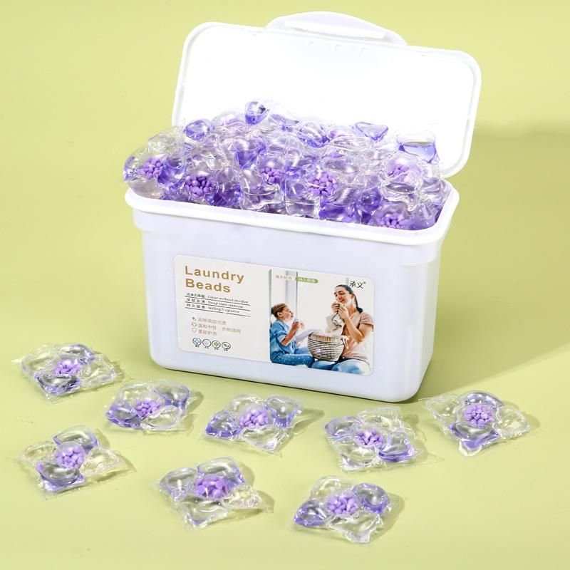 Fünf-in-Eins Waschmittel-Pods: Lang anhaltender Duft, Fleckenentfernung, Weichspülen und konzentrierte Waschmittelperlen.