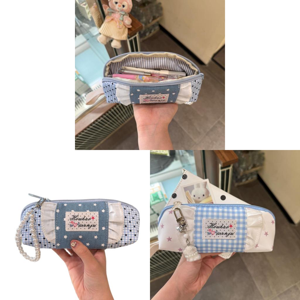 Stil Blaue und Weiße Vichy-Leinwand-Federtasche Für Schüler Aufbewahrungs-Organizer