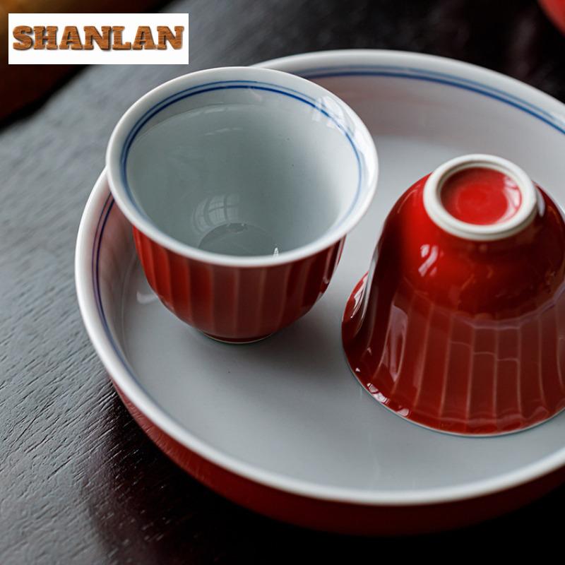 2 Stück/Los Rote Glasur Handbemalt Doppellinien-Teetasse Zen-Teeschale Kanne Teeverkostung Duftbecher Chazhan Meistertassen Teegeschirr 50ml