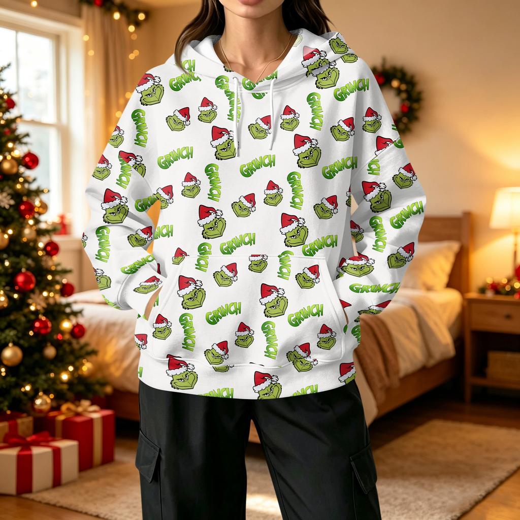 Women's Fashion Casual Christmas Print Hooded Sweatshirt with Pockets
